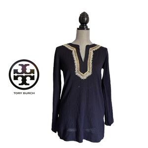 Tory Burch Blue and Gold Embellished 100% merino wool tunic Small